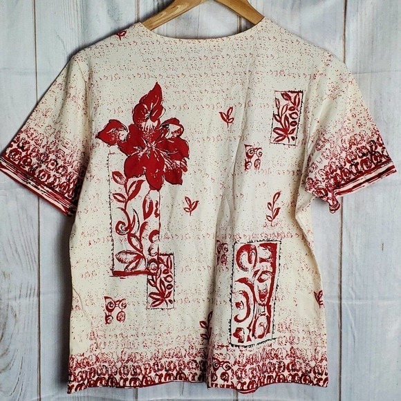 Vintage 90's White and Red Floral Beaded Accent Blouse Size Large - Picture 6 of 8